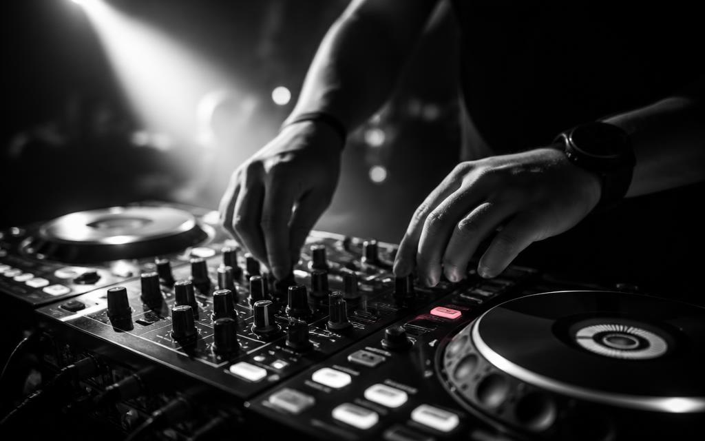 Close-up of hands on a DJ mixer in black and white