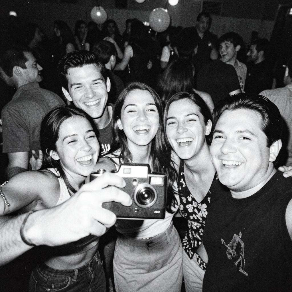 Group of friends taking a flash selfie at a party